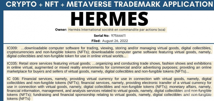 爱马仕已提交加密货币、NFT以及元宇宙相关商标申请